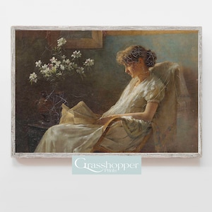 Vintage Portrait Woman Reading, Antique Oil Painting Print, Printable Wall Art, Digital DOWNLOAD