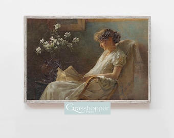 Vintage Portrait Woman Reading, Antique Oil Painting Print, Printable Wall Art, Digital DOWNLOAD