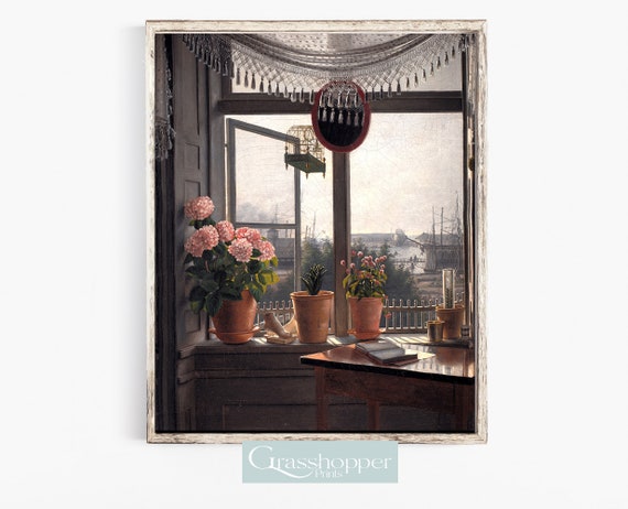 Window View Painting, Vintage Still Life, Antique Floral Art, Artist's Studio Print, PRINTABLE Wall Art, Digital DOWNLOAD