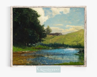 Vintage Countryside Painting, Summer Pond Landscape, PRINTABLE Wall Art, Digital DOWNLOAD
