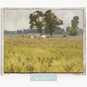Könnte beinhalten: Ein Aquarellbild einer ländlichen Landschaft mit einer Herde brauner und weißer Kühe, die auf einer grünen Weide grasen. Der Himmel ist hellblau mit einigen Wolken. Im Hintergrund befinden sich Bäume.