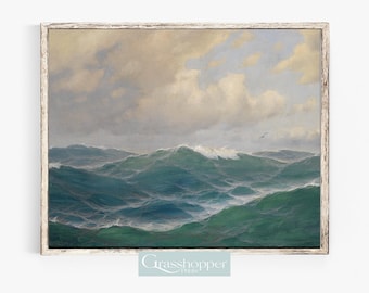 Vintage zeegezicht print, humeurig kustdecor, schilderij oceaangolven, AFDRUKBARE muurkunst, digitale DOWNLOAD