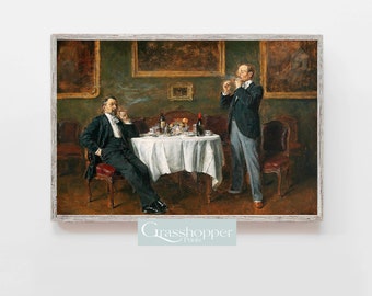 Retrato vintage, hombres de traje, impresión de cena, arte mural de cigarros, decoración imprimible, descarga digital