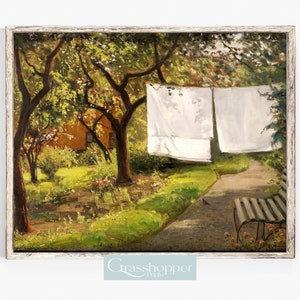 Vintage Laundry Print, Backyard Garden Scenery, Antique Clothes Line Painting, PRINTABLE Decor, DIGITAL DOWNLOAD