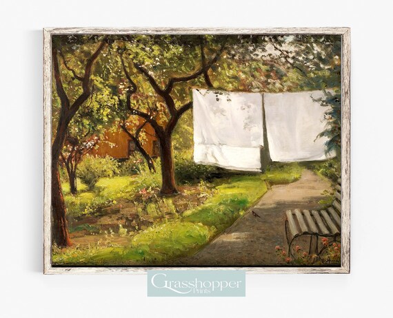 Vintage Laundry Print, Backyard Garden Scenery, Antique Clothes Line Painting, PRINTABLE Decor, DIGITAL DOWNLOAD
