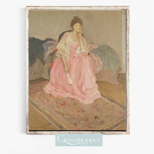 Vintage Woman Portrait Painting, Lady in Dress, Antique Wall Art, PRINTABLE Pink Decor, Digital DOWNLOAD