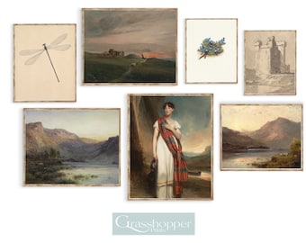 May include: A set of nine framed prints featuring various landscapes, a dragonfly, a castle, and a woman in a white dress and red plaid shawl. The prints are all in a similar style and have a vintage feel.