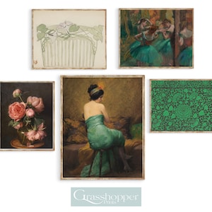 Emerald Green Wall Art Gallery, Art Nouveau Print, Vintage Portrait Painting, Peony Wall Art, PRINTABLE Artwork, DIGITAL DOWNLOAD