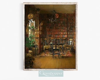 Pintura al óleo de biblioteca vintage, impresión de libros antiguos, decoración imprimible, descarga digital