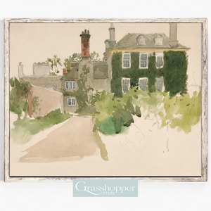 Vintage English Cottage Print, Antique Country House, Watercolour Landscape, PRINTABLE Wall Art, Digital DOWNLOAD