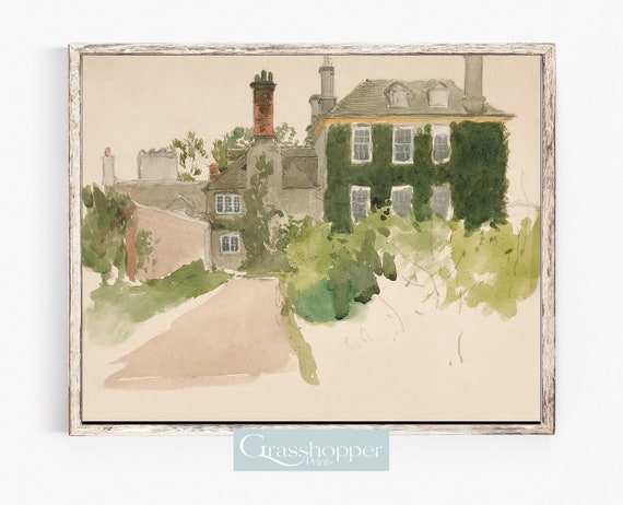 Vintage English Cottage Print, Antique Country House, Watercolour Landscape, PRINTABLE Wall Art, Digital DOWNLOAD
