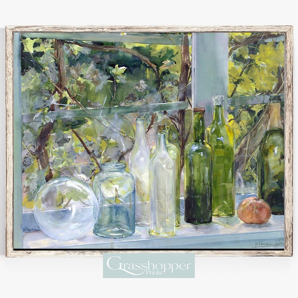 Watercolour Still Life, Vintage Glass Bottles, Antique Window Print,PRINTABLE Wall Art, DIGITAL DOWNLOAD