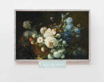 Pintura floral vintage, impressão de flores em vaso, natureza morta botânica, arte de parede para impressão, download digital