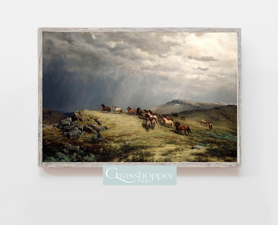 Vintage Horse Print, Wild Horses Oil Painting, Horses In Field, Printable Wall Art, Digital DOWNLOAD