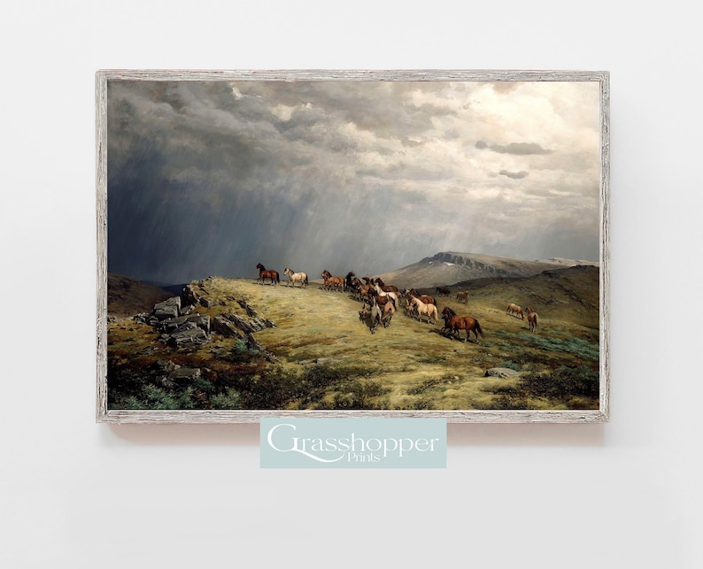 Vintage Horse Print, Wild Horses Oil Painting, Horses In Field, Printable Wall Art, Digital DOWNLOAD image 1