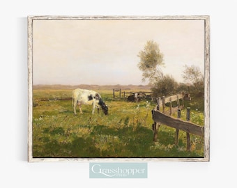Impression de vaches dans les champs, tableau de verts pâturages, paysage de campagne, oeuvre d'art de paysage de ferme, art mural à imprimer, téléchargement numérique