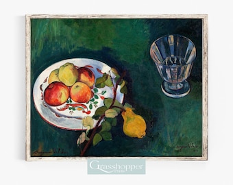 Vintage stillevenschilderij, fruitkunstprint, rustiek boerderijdecor, AFDRUKBARE groenblauw muurkunst, digitale DOWNLOAD