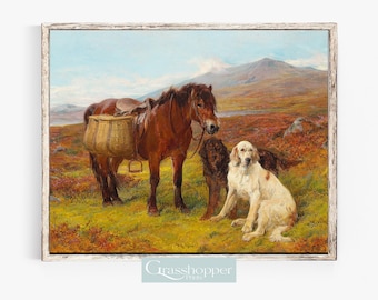 May include: A painting of a brown horse with a basket on its back, standing in a field with two dogs. The horse is wearing a saddle and bridle. The dogs are a black and brown Labrador Retriever and a white and brown Setter. The background is a landscape with mountains in the distance.