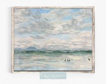 Pintura oceánica vintage, impresión de paisaje costero, arte mural imprimible, descarga digital