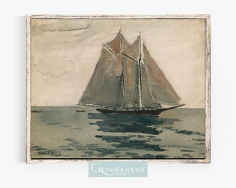 Antik båttryck, vintage nautisk konst, segelbåtsväggkonst, stämningsfull kustdekor, akvarellfartyg, utskrivbart konstverk, digital nedladdning