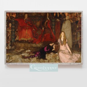 Puede incluir: Una pintura que representa una escena de una corte medieval. Un rey y una reina se sientan en un trono, rodeados de otras figuras. Una mujer con un vestido rosa se encuentra en primer plano, mientras que un hombre yace en el suelo. La pintura est&aacute; ambientada en un fondo de fuego.