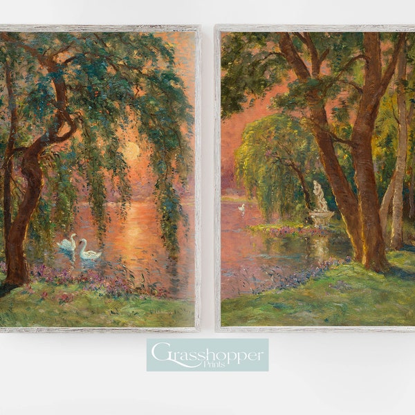 Vintage Lake Painting, Antique Swan Print, Weeping Willow Trees, PRINTABLE Art, DIGITAL DOWNLOAD
