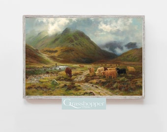 Vintage Scotland Landscape Oil Painting, Highland Cow Print, Printable Wall Art, Digital DOWNLOAD