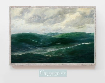 Vintage zeegezicht olieverfschilderij, humeurige oceaangolven, antieke kustprint, AFDRUKBARE muurkunst, digitale DOWNLOAD