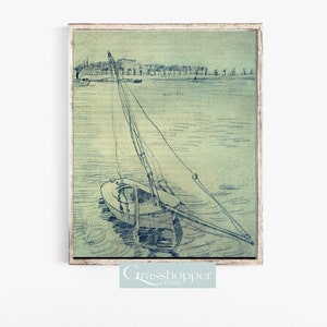 May include: A vintage blue and white line drawing of a sailboat on a body of water. The sailboat is in the foreground and the background shows a shoreline with buildings.