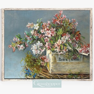 Peut inclure: Une peinture vintage repr&eacute;sentant un bouquet de fleurs roses et blanches dispos&eacute;es dans une bo&icirc;te en bois avec le texte "Bruch d. Mur" sur le devant. Les fleurs sont entour&eacute;es de feuilles vertes.