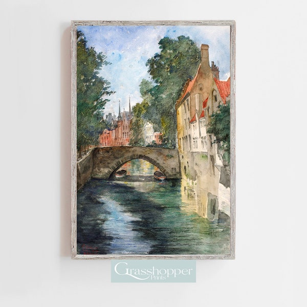 Belgium Scenery Print, Vintage European Artwork, Canal Landscape, Antique Wall Art, PRINTABLE Decor, Digital DOWNLOAD