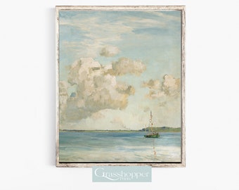 Vintage zeilboot schilderij, gedempte nautische muurkunst, AFDRUKBAAR kustdecor, digitale DOWNLOAD