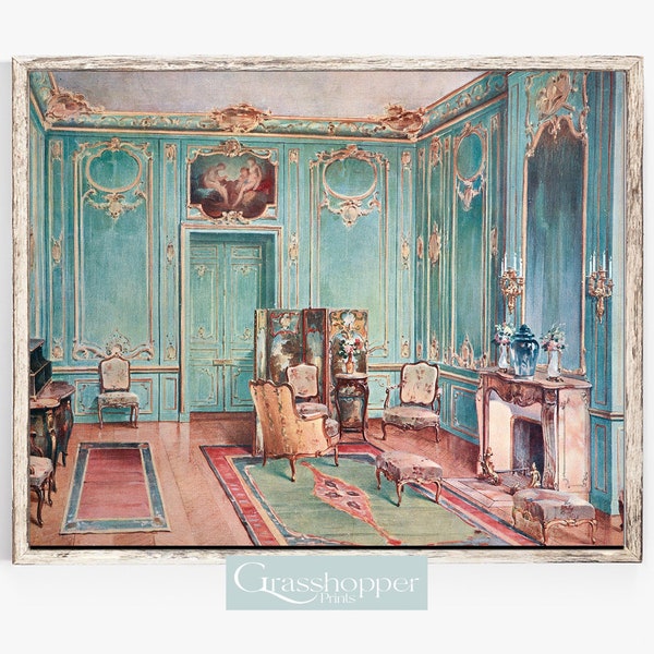 French Salon Illustration, Antique Furniture Print, European Interior Design, PRINTABLE Wall Art, Digital DOWNLOAD