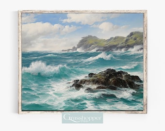 Pintura al óleo costera vintage, impresión de paisaje marino oceánico, arte mural imprimible, descarga digital