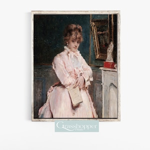 Vintage Portrait Painting, Girl in Pink Dress, Antique Wall Art, PRINTABLE Decor, Digital DOWNLOAD