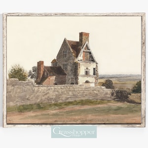 English Country Print, Antique Stone Cottage, Vintage Landscape Painting, PRINTABLE Wall Art, Digital DOWNLOAD