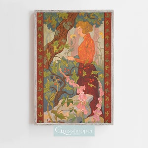 Art Nouveau Print, Vintage Woman Portrait, Colourful Botanical Wall Art, PRINTABLE Decor, DIGITAL DOWNLOAD