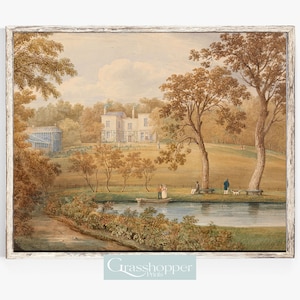 Puede incluir: Una pintura acuarela que representa una casa blanca con un techo verde y un estanque en primer plano. La casa está rodeada de árboles y un césped. Hay personas caminando en la distancia.