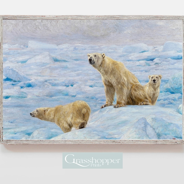 Polar Bear Print, Vintage Wildlife Painting, Iceberg Scenery Art, Arctic Winter Landscape, PRINTABLE Wall Art, Digital DOWNLOAD