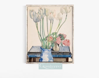 Aquarela de tulipa vintage, esboço de flor antiga, impressão de Charles Rennie Mackintosh, arte de parede para impressão, download digital