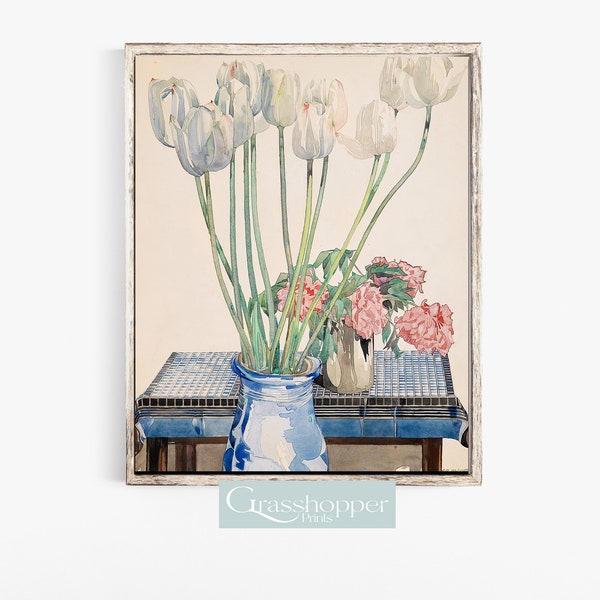 Vintage Tulip Watercolour, Antique Flower Sketch, Charles Rennie Mackintosh Print, PRINTABLE Wall Art, DIGITAL DOWNLOAD