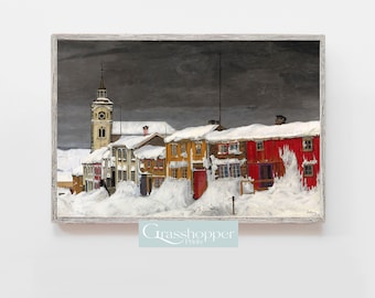 Impression de Norvège vintage, peinture à l'huile de paysage d'hiver, art mural imprimable, téléchargement numérique