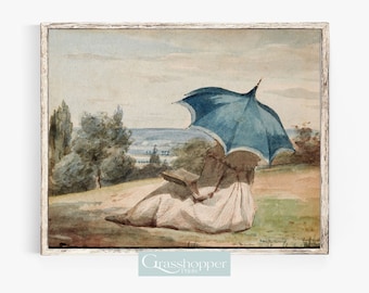 Impresión de mujer leyendo, arte mural de la época de la Regencia, retrato de dama vintage, paisaje en acuarela, arte mural imprimible, descarga digital