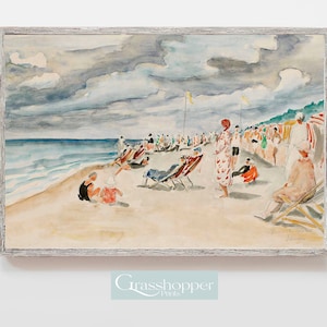 Stampe da spiaggia vintage, decorazioni per cottage estivi, opere d&#39;arte colorate ad acquerello, pittura di scene da spiaggia, arte della parete stampabile, DOWNLOAD digitale