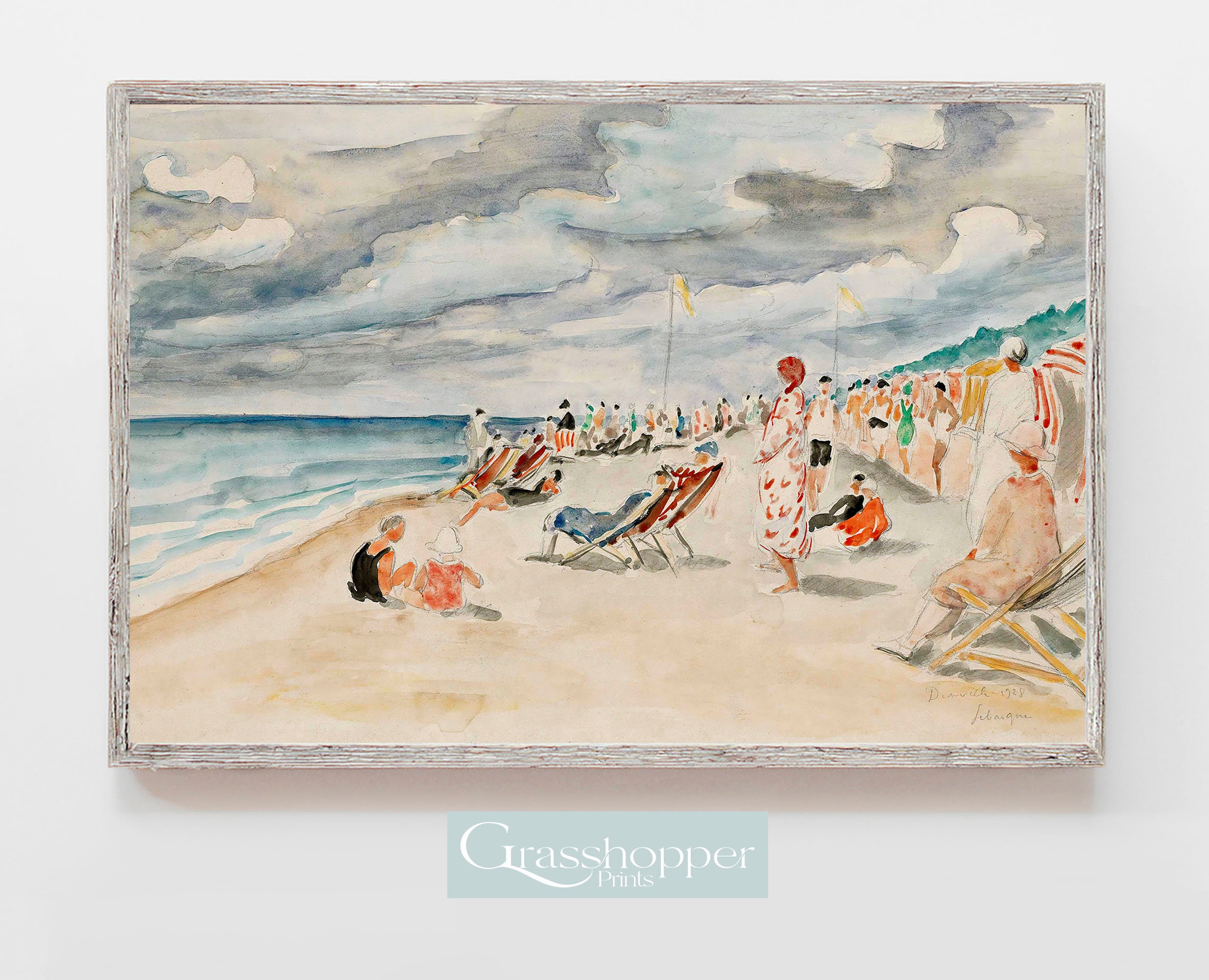 Vintage strandprints, decor zomerhuisje, kleurrijke aquarelkunstwerken, strandscène schilderij, AFDRUKBARE muurkunst, digitale DOWNLOAD