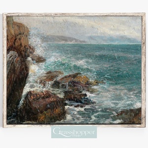 May include: A framed painting depicting a stormy seascape with crashing waves and a rocky coastline. The sky is overcast and rain is falling. The painting is done in a realistic style with a muted color palette.