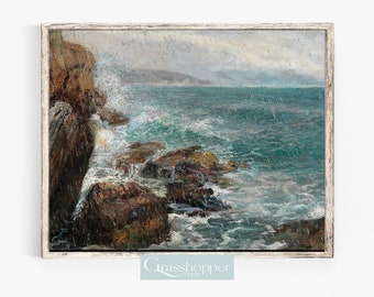 Vintage Coastal Oil Painting, Ocean Seascape Print, PRINTABLE Wall Art, DIGITAL DOWNLOAD