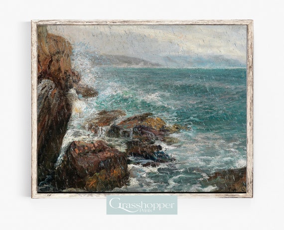 Vintage Coastal Oil Painting, Ocean Seascape Print, PRINTABLE Wall Art, DIGITAL DOWNLOAD