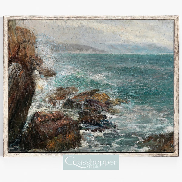 Vintage Coastal Oil Painting, Ocean Seascape Print, PRINTABLE Wall Art, DIGITAL DOWNLOAD