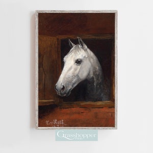 May include: A painting of a white horse's head looking out of a stable stall. The horse has a dark brown eye and a dark brown muzzle. The painting is signed "C.v. Roth" in the lower right corner.